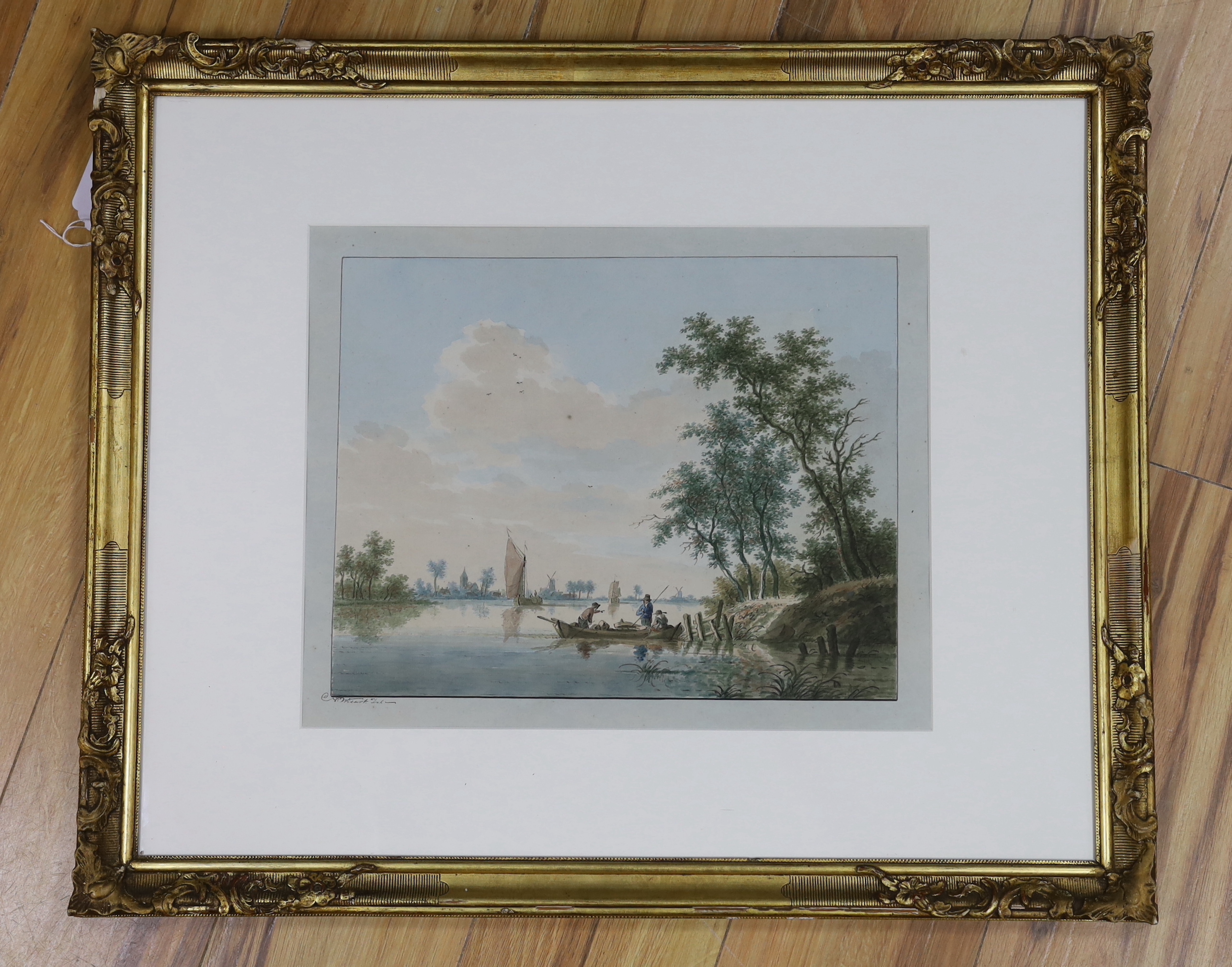 Nicolaas Wicart (Dutch, 1748-1815) watercolour, River landscape with figures in a boat, signed to the mount, 40 x 33cm